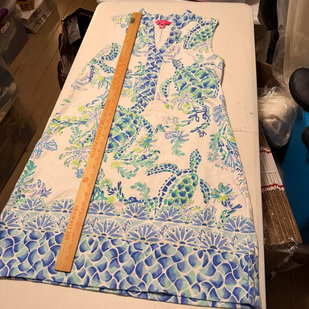 Sleeveless Blue & White Printed Shift Dress - Picture 8 of 9